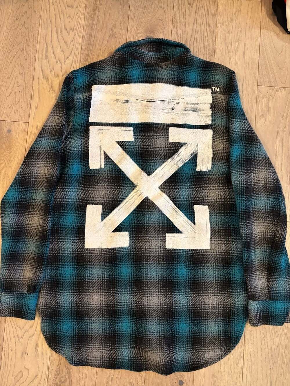 Off-White Plaid Check Flannel Shirt Turquoise and Black